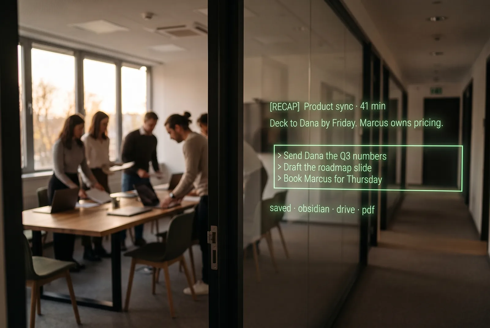 Seen through the glasses: leaving a glass meeting room, people gathering laptops. On the lens: [RECAP] Product sync, 41 min. Deck to Dana by Friday. Marcus owns pricing. Send Dana the Q3 numbers. Draft the roadmap slide. Book Marcus for Thursday. Saved to Obsidian, Drive, PDF.