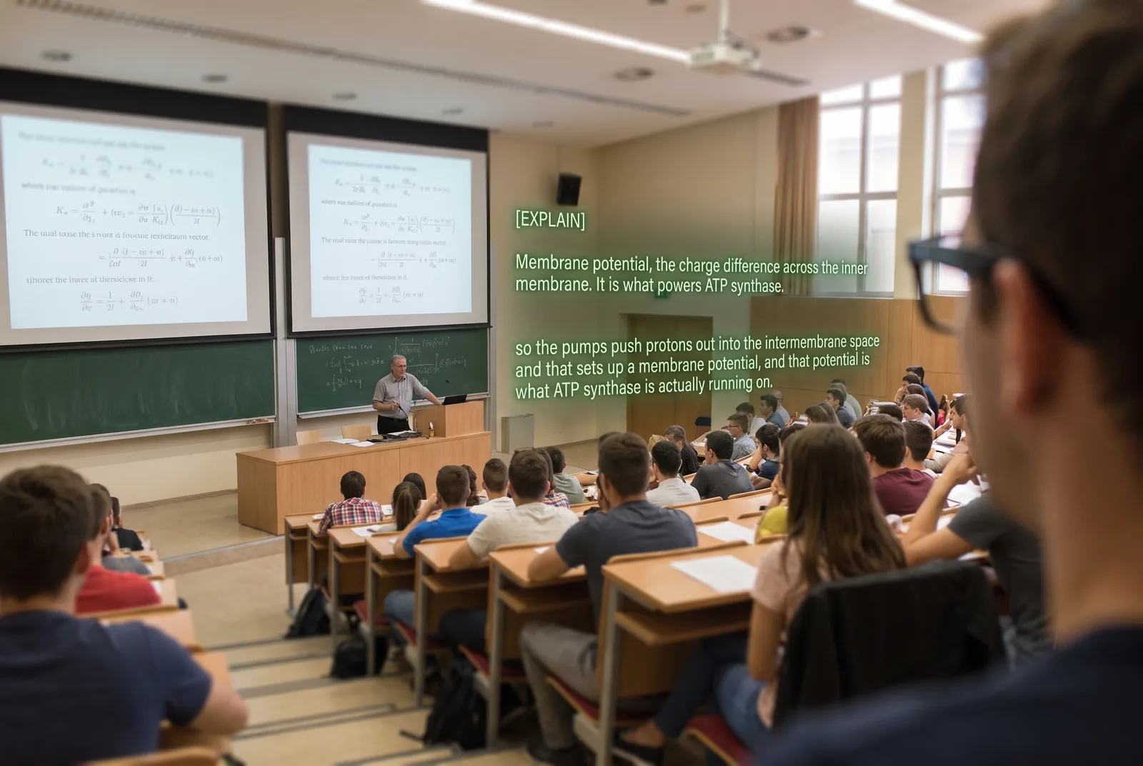 Seen through the glasses: a lecture hall from the back rows. On the lens: [EXPLAIN] Membrane potential, the charge difference across the inner membrane. It is what powers ATP synthase.