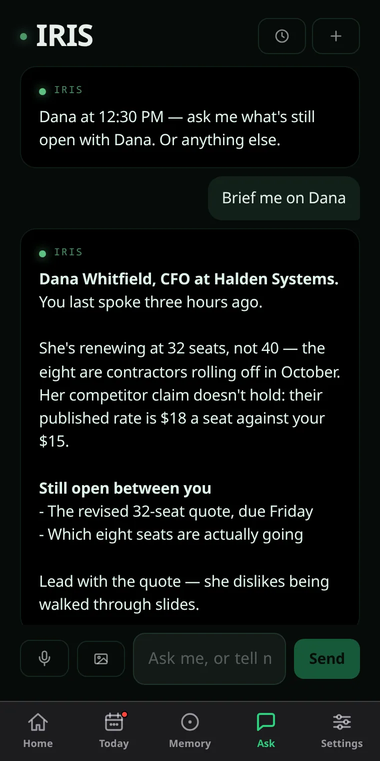 The Ask tab: Brief me on Dana. IRIS answers with who she is, what changed since last time, what is still open and how she likes to be handled.
