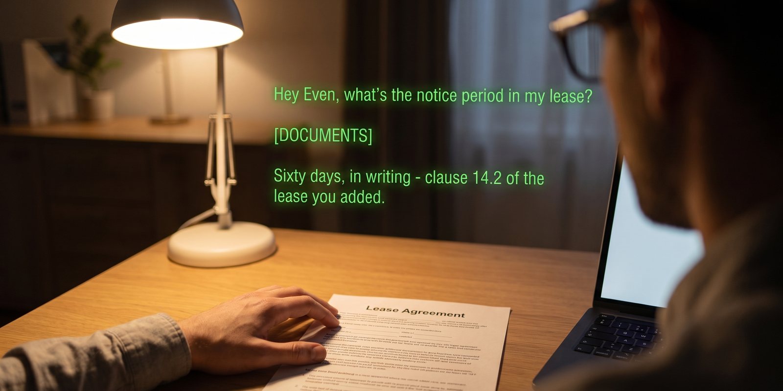 Seen through the glasses: asked the notice period in the lease, IRIS answers sixty days in writing, clause 14.2 of the lease you added