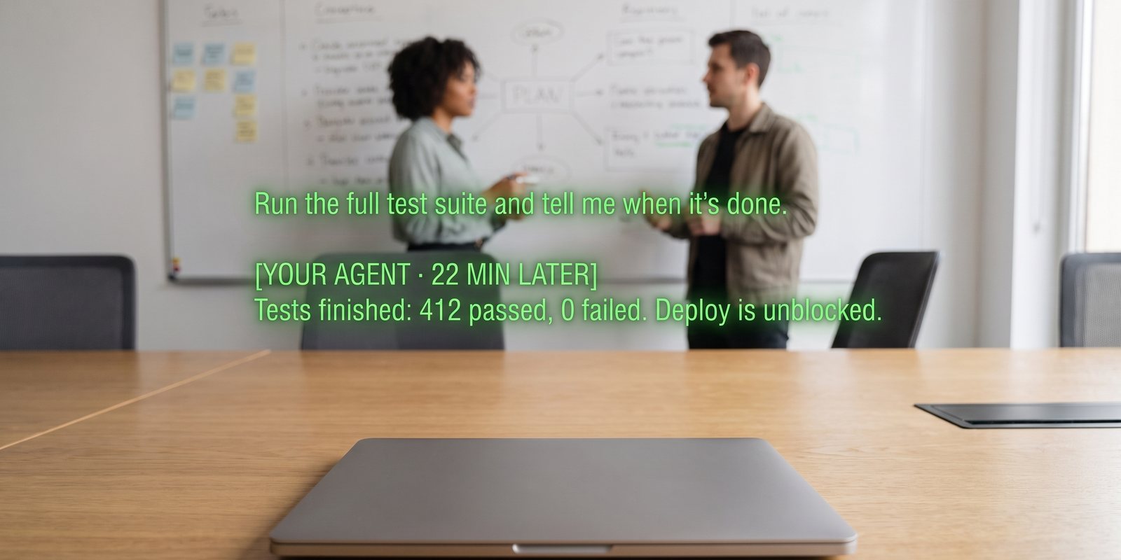 Seen through the glasses: the agent reports that the test suite finished, 412 passed, 0 failed