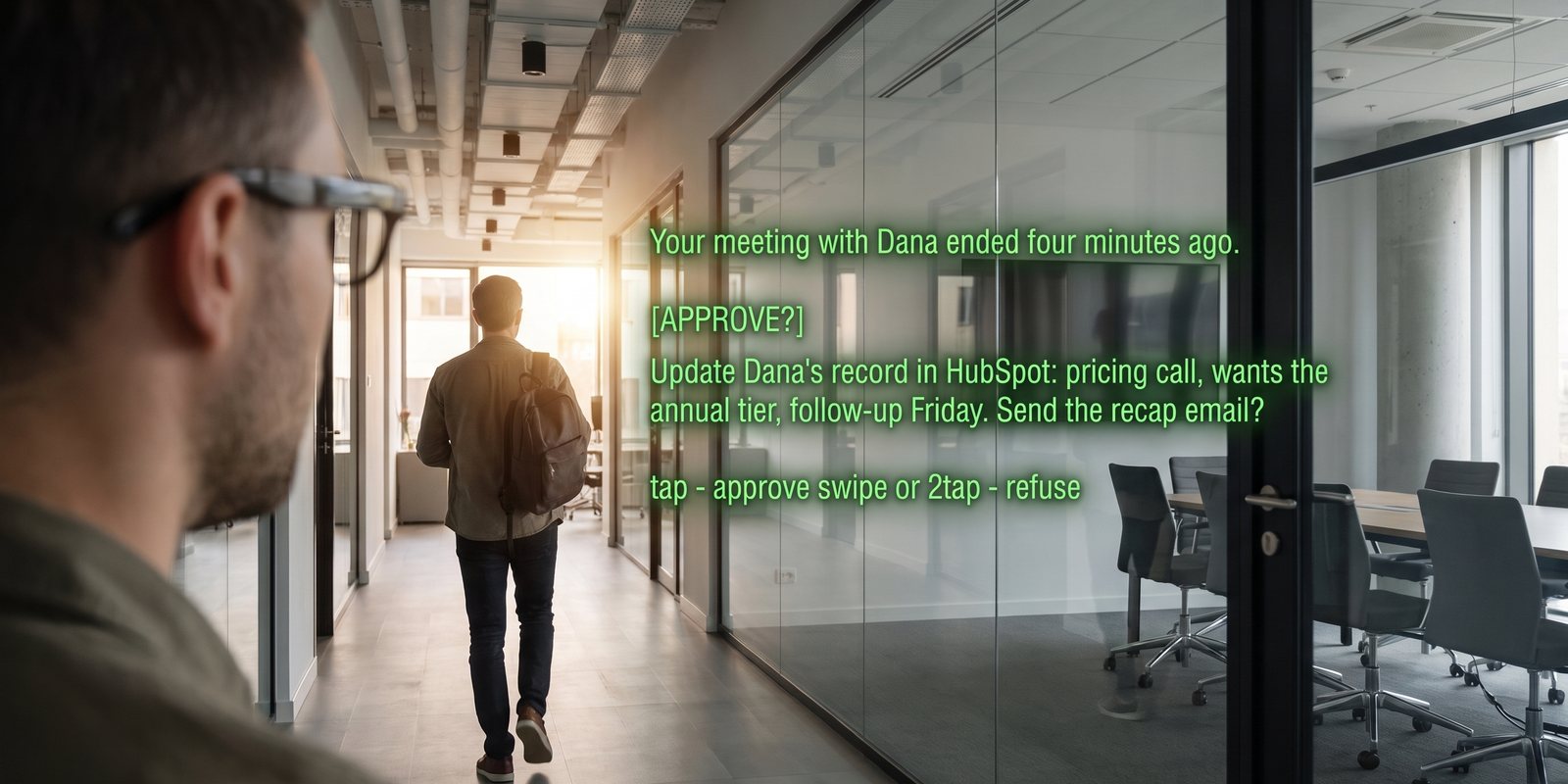 Seen through the glasses: an approval question asking to update Dana’s HubSpot record and send the recap email, tap to approve