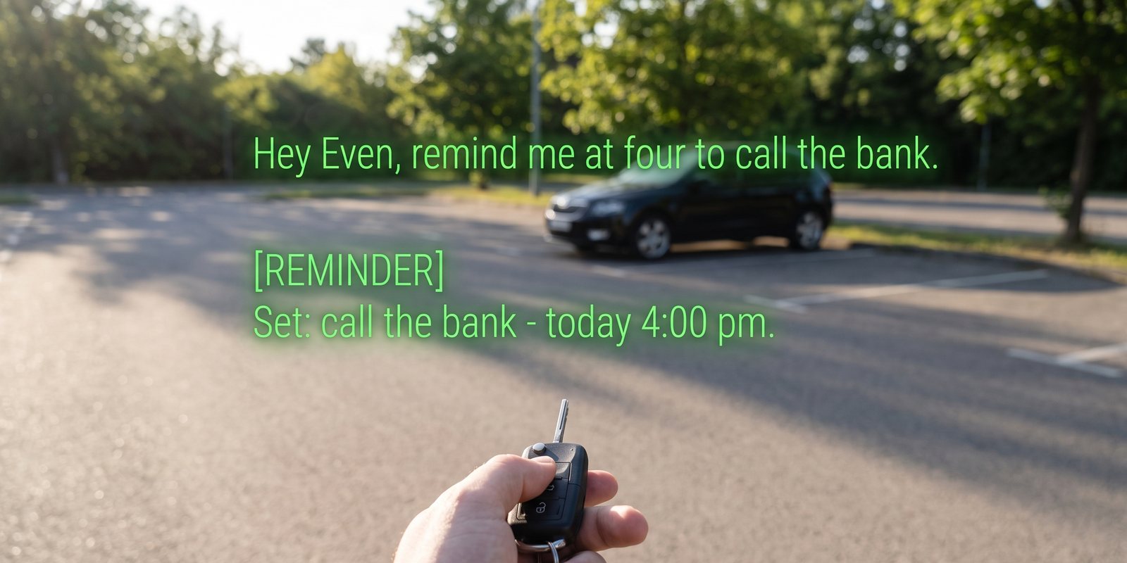 Seen through the glasses: Hey Even confirms Reminder set, call the bank, today 4:00 pm, I’ll email you