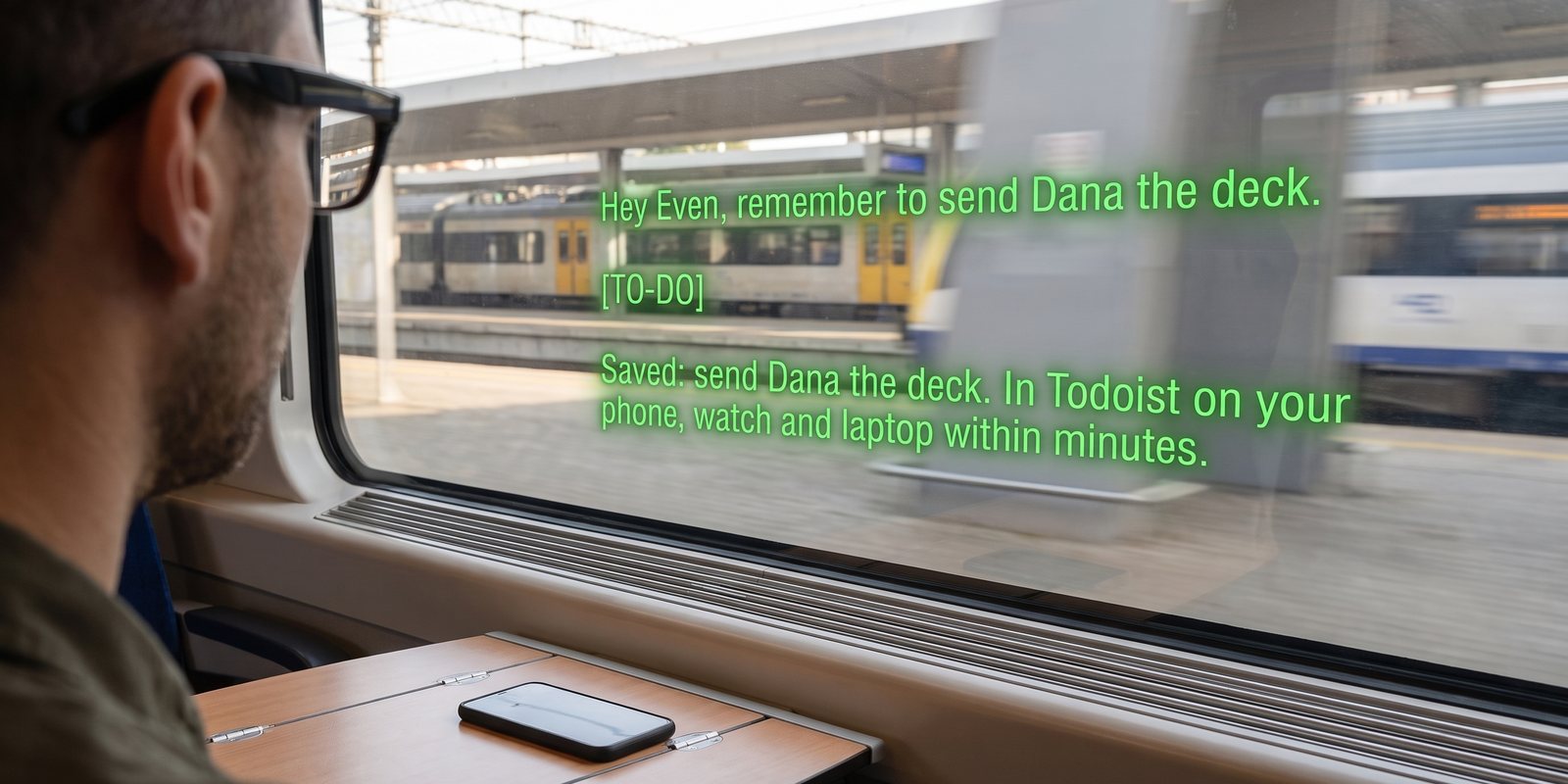 Seen through the glasses: Hey Even confirms To-do saved, send Dana the deck, and it is in Todoist within minutes